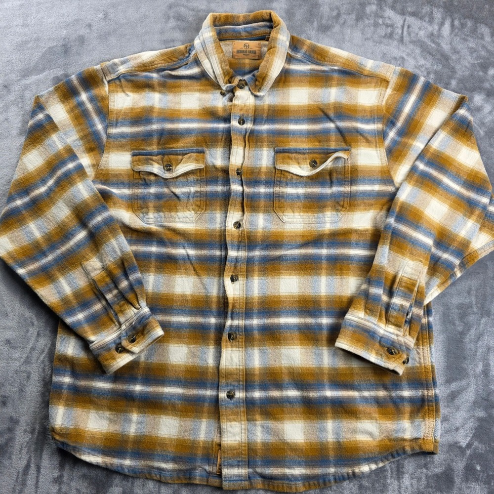 Redhead Ranch Flannel Shirt Mens XL Yellow Blue Plaid Long Sleeve Heavyweight